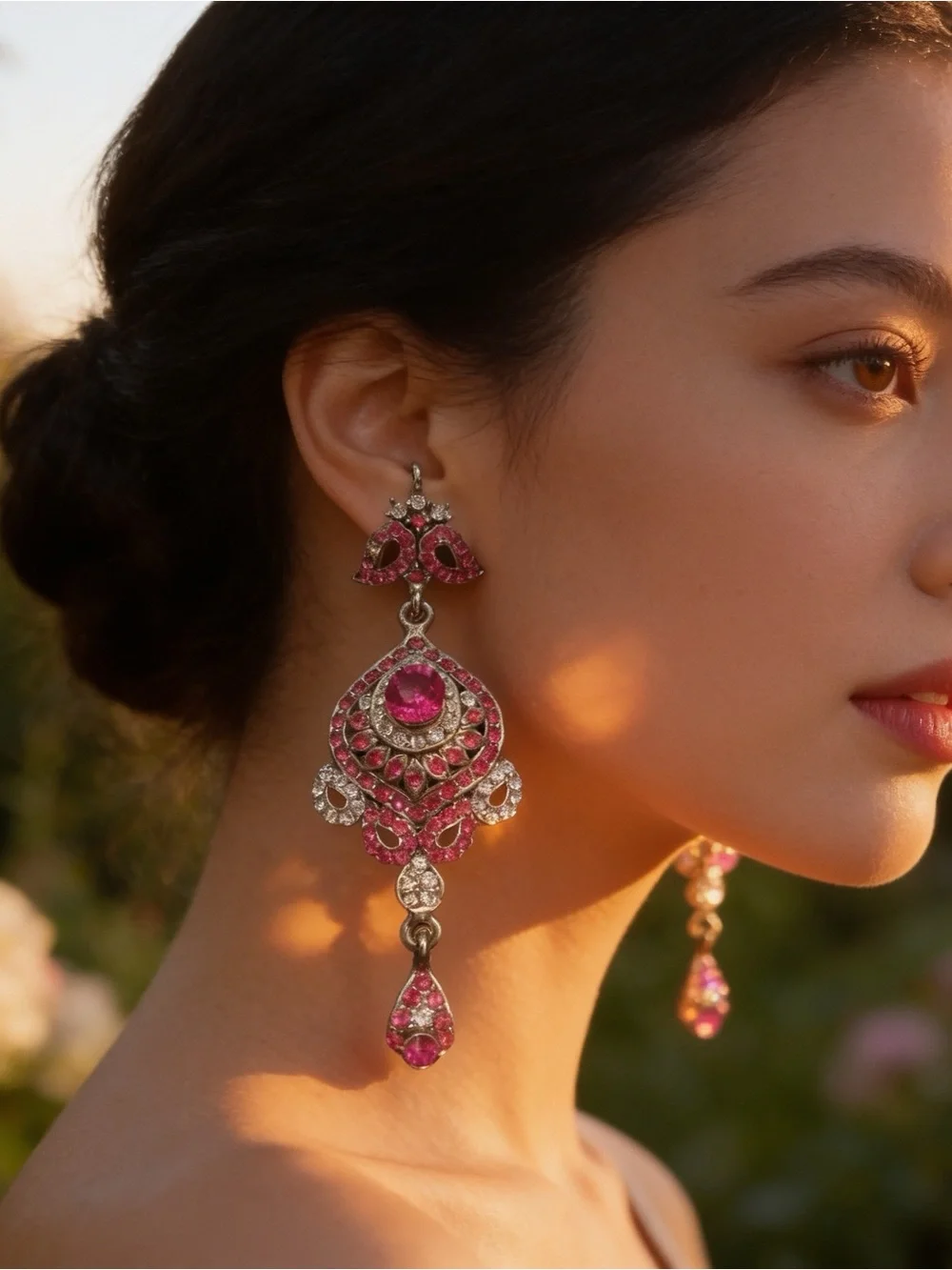 Victorian Fuchsia Crystal Diamond Gothic Chandelier Dangle Earrings